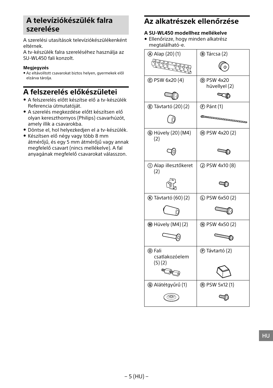 A televíziókészülék falra szerelése, A felszerelés előkészületei, Az alkatrészek ellenőrzése | Sony KD-65X8505B User Manual | Page 145 / 292