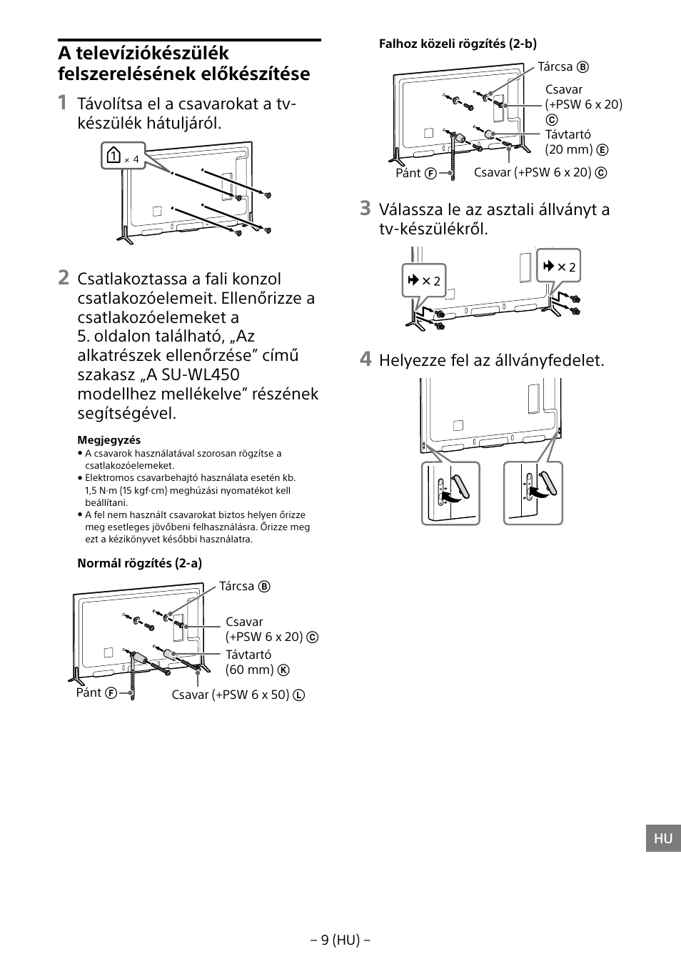 A televíziókészülék felszerelésének előkészítése, Válassza le az asztali állványt a tv-készülékről, Helyezze fel az állványfedelet | Sony KD-65X8505B User Manual | Page 149 / 292