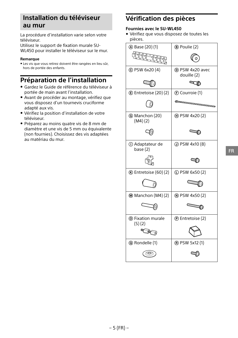 Installation du téléviseur au mur, Préparation de l’installation, Vérification des pièces | Sony KD-65X8505B User Manual | Page 15 / 292