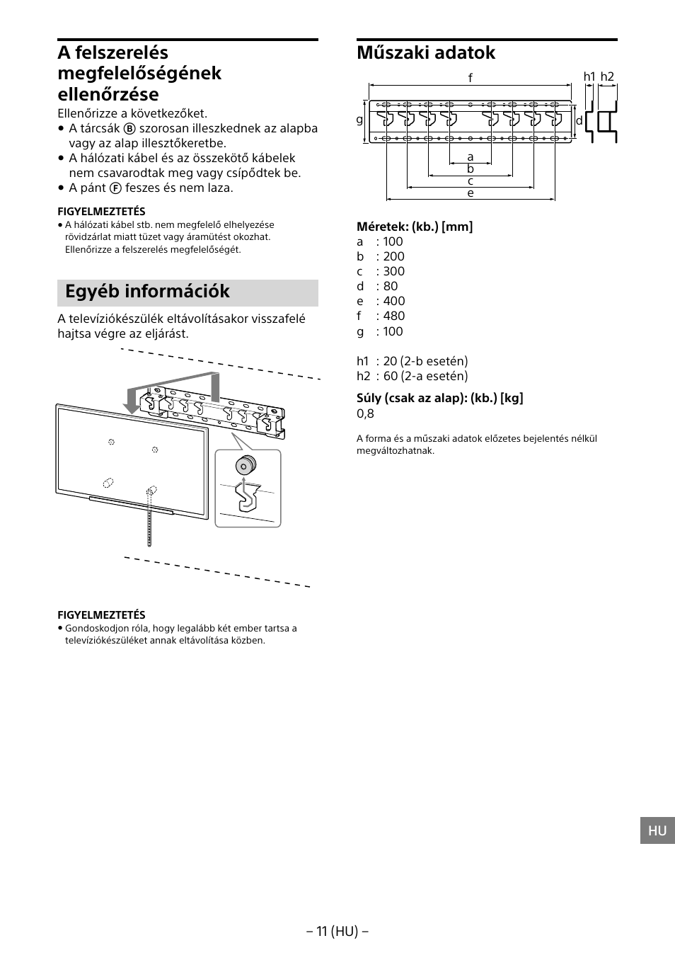 A felszerelés megfelelőségének ellenőrzése, Egyéb információk, Műszaki adatok | Sony KD-65X8505B User Manual | Page 151 / 292
