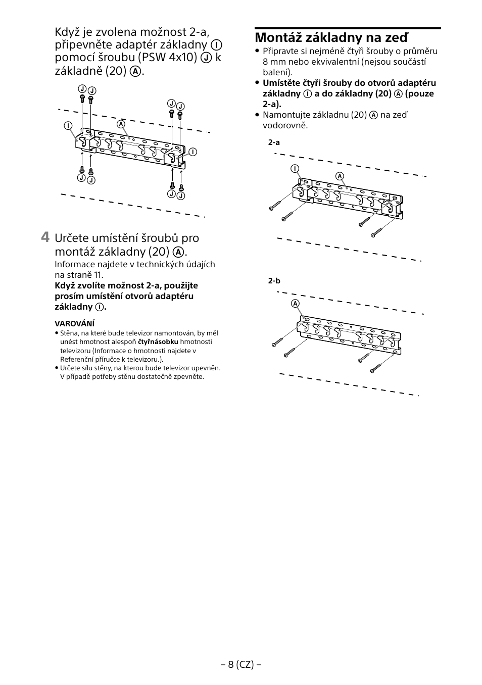 Montáž základny na zeď, Určete umístění šroubů pro montáž základny (20) | Sony KD-65X8505B User Manual | Page 158 / 292