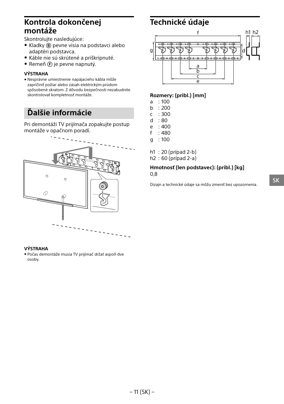 Kontrola dokončenej montáže, Ďalšie informácie, Technické údaje | Sony KD-65X8505B User Manual | Page 171 / 292