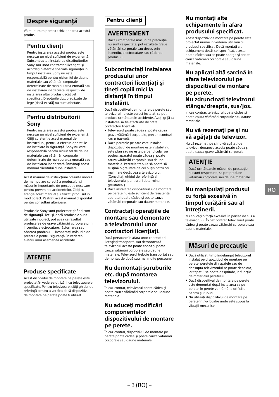 Despre siguranţă, Atenţie, Avertisment | Măsuri de precauţie, 3 (ro), Pentru clienţi, Pentru distribuitorii sony, Produse specificate, Nu vă rezemaţi pe şi nu vă agăţaţi de televizor | Sony KD-65X8505B User Manual | Page 173 / 292