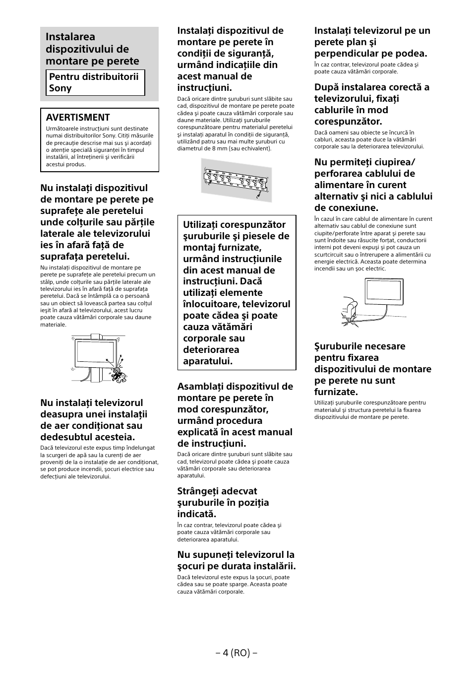 Instalarea dispozitivului de montare pe perete | Sony KD-65X8505B User Manual | Page 174 / 292