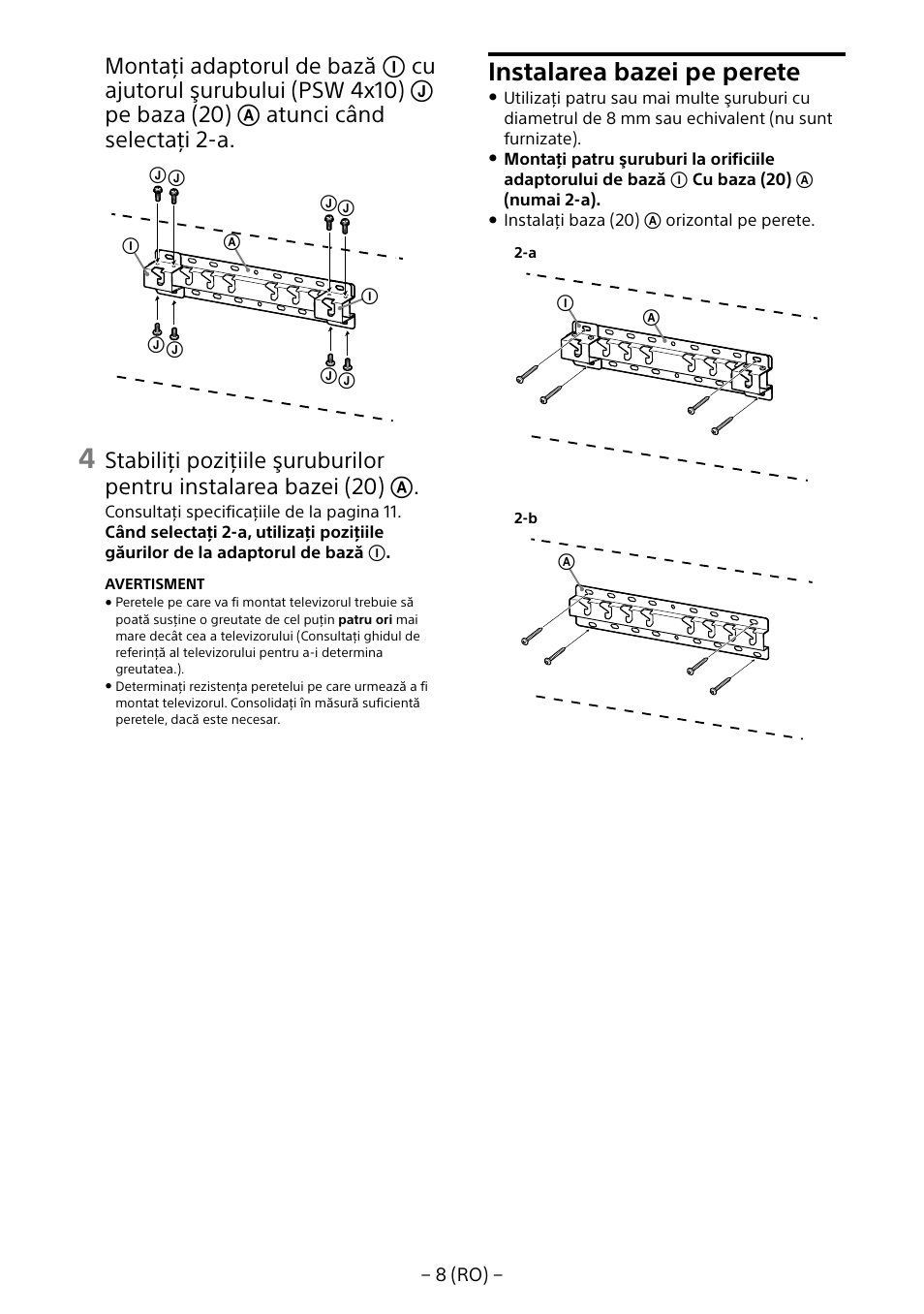 Instalarea bazei pe perete | Sony KD-65X8505B User Manual | Page 178 / 292