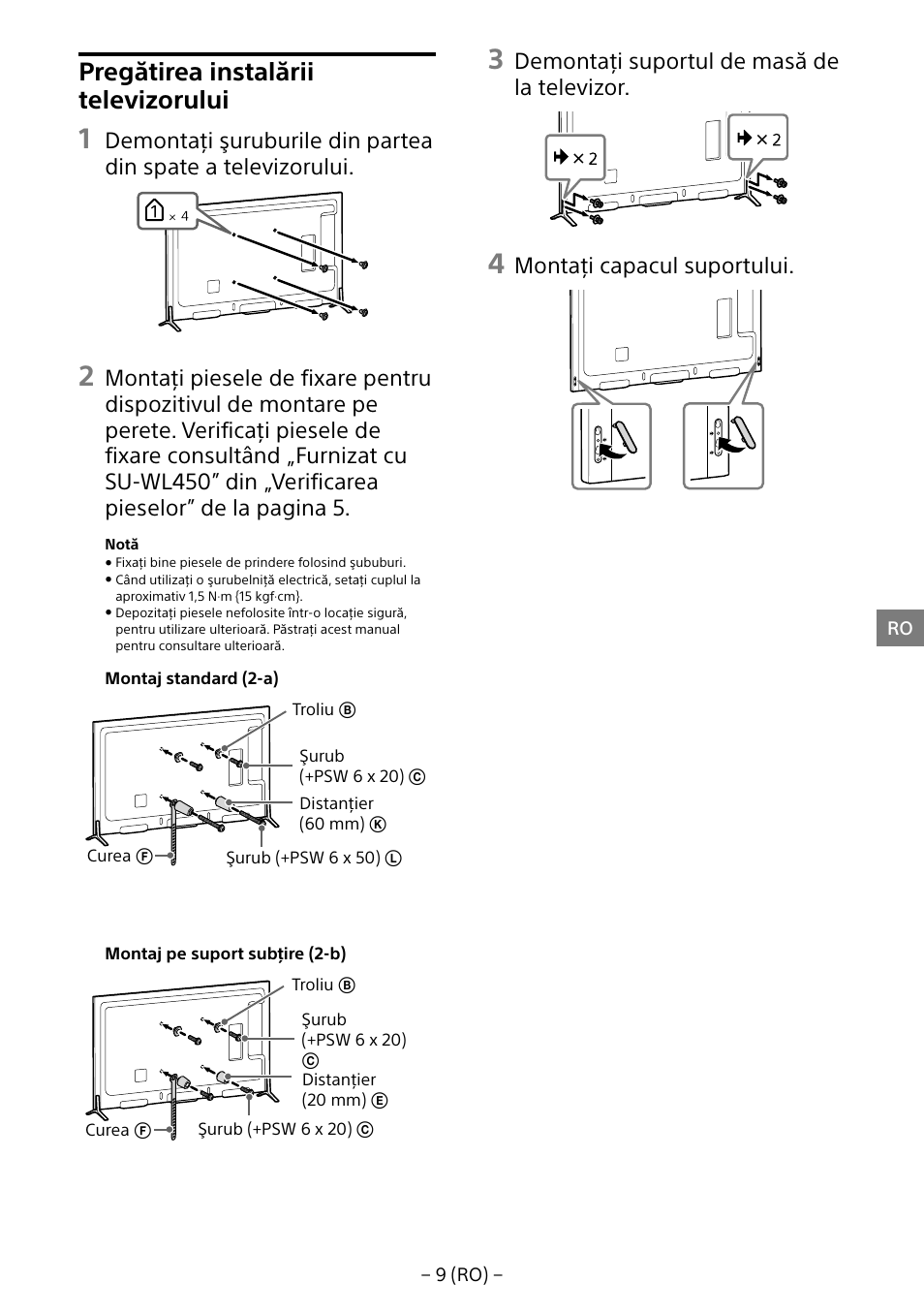 Pregătirea instalării televizorului, Demontaţi suportul de masă de la televizor, Montaţi capacul suportului | Sony KD-65X8505B User Manual | Page 179 / 292
