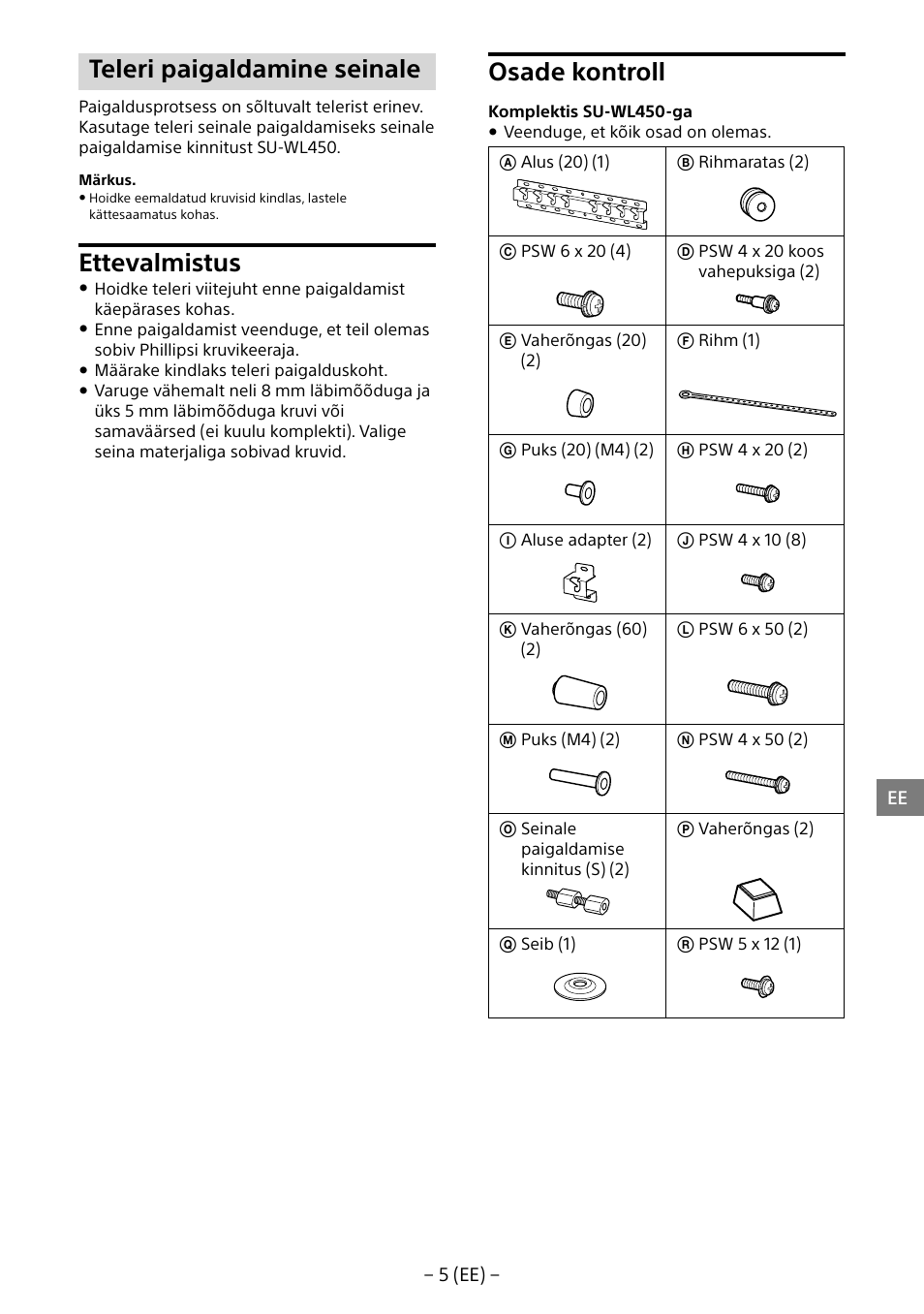 Teleri paigaldamine seinale, Ettevalmistus, Osade kontroll | Sony KD-65X8505B User Manual | Page 216 / 292