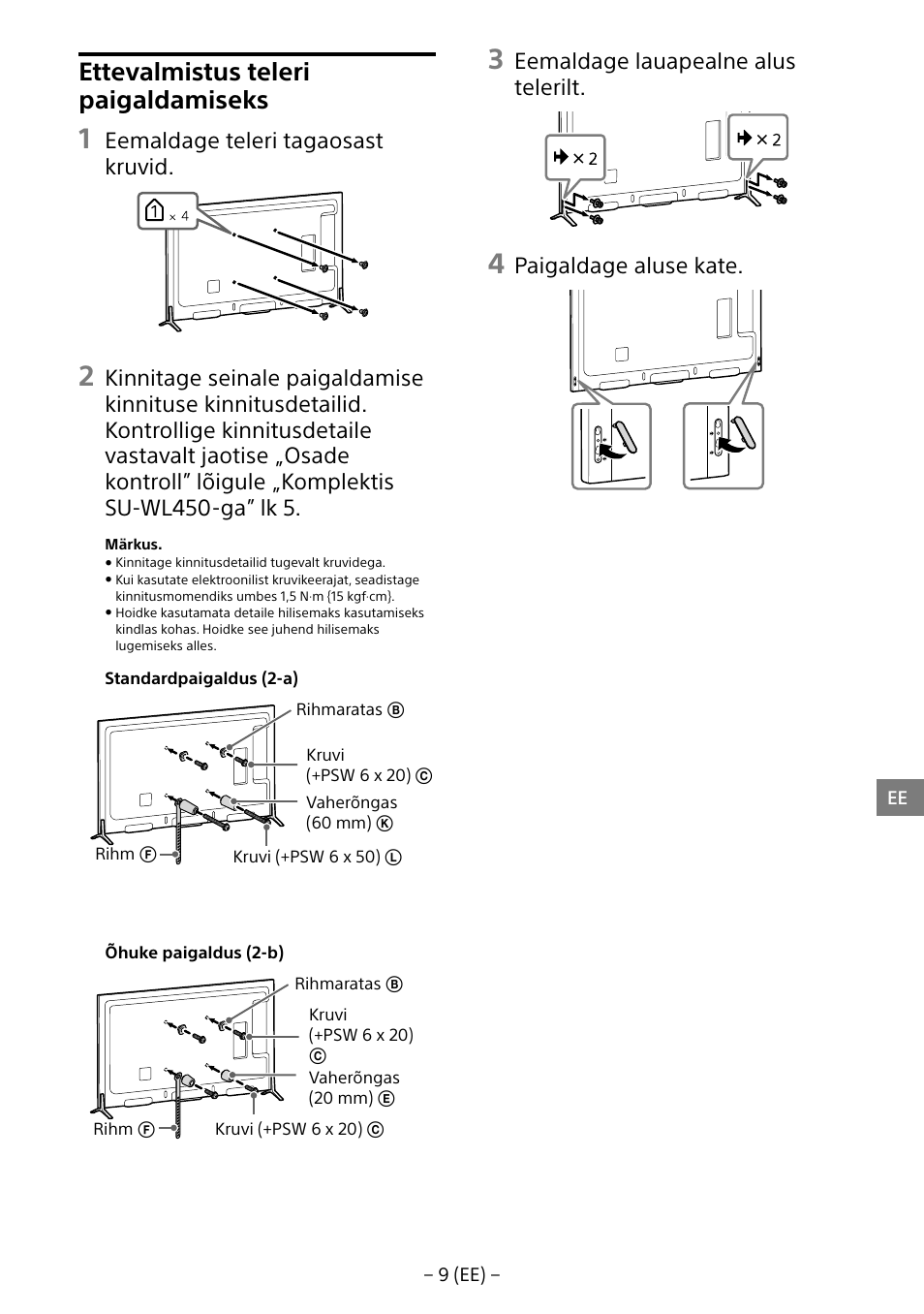 Ettevalmistus teleri paigaldamiseks, Eemaldage teleri tagaosast kruvid, Eemaldage lauapealne alus telerilt | Paigaldage aluse kate | Sony KD-65X8505B User Manual | Page 220 / 292