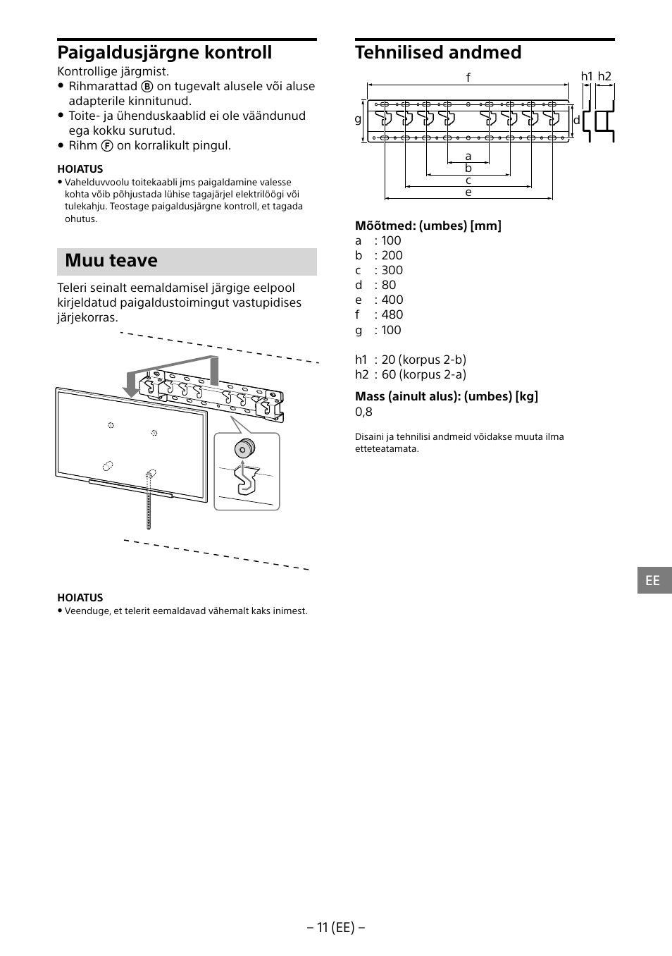 Paigaldusjärgne kontroll, Muu teave, Tehnilised andmed | Sony KD-65X8505B User Manual | Page 222 / 292