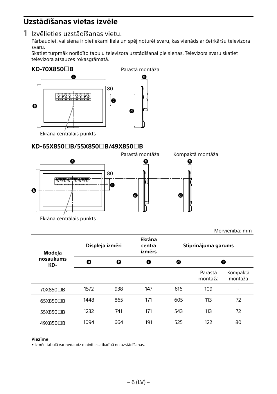 Uzstādīšanas vietas izvēle, Izvēlieties uzstādīšanas vietu | Sony KD-65X8505B User Manual | Page 227 / 292