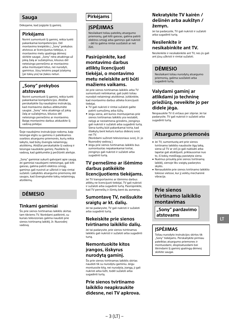 Sauga, Dėmesio, Įspėjimas | Atsargumo priemonės, Prie sienos tvirtinamo laikiklio montavimas, 3 (lt), Pirkėjams, Sony“ prekybos atstovams, Tinkami gaminiai, Sumontavę tv, neišsukite sraigtų ar kt. dalių | Sony KD-65X8505B User Manual | Page 234 / 292