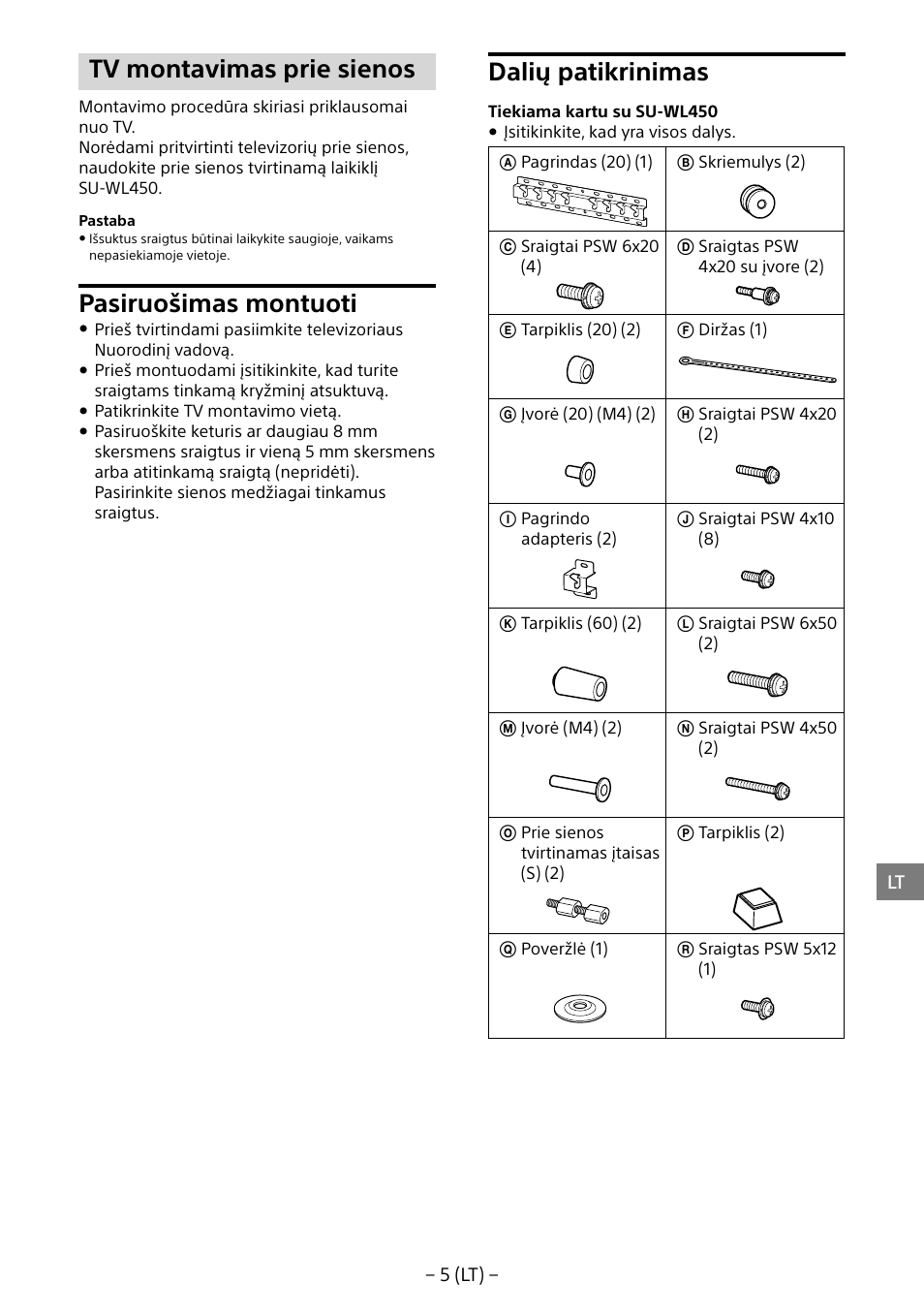 Tv montavimas prie sienos, Pasiruošimas montuoti, Dalių patikrinimas | Sony KD-65X8505B User Manual | Page 236 / 292