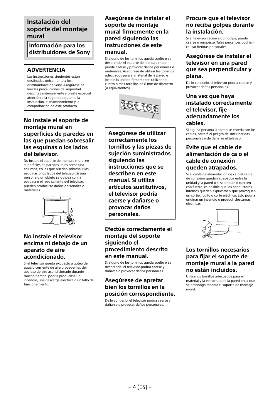 Instalación del soporte del montaje mural | Sony KD-65X8505B User Manual | Page 24 / 292