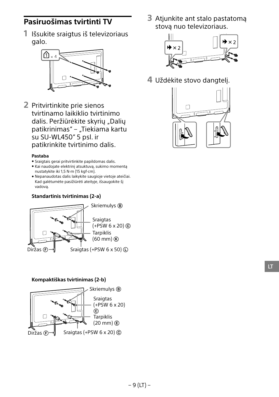 Pasiruošimas tvirtinti tv, Išsukite sraigtus iš televizoriaus galo, Uždėkite stovo dangtelį | Sony KD-65X8505B User Manual | Page 240 / 292