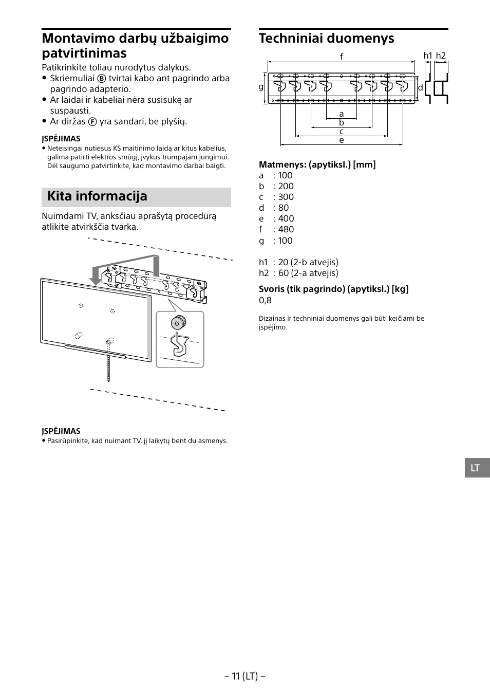 Montavimo darbų užbaigimo patvirtinimas, Kita informacija, Techniniai duomenys | Sony KD-65X8505B User Manual | Page 242 / 292