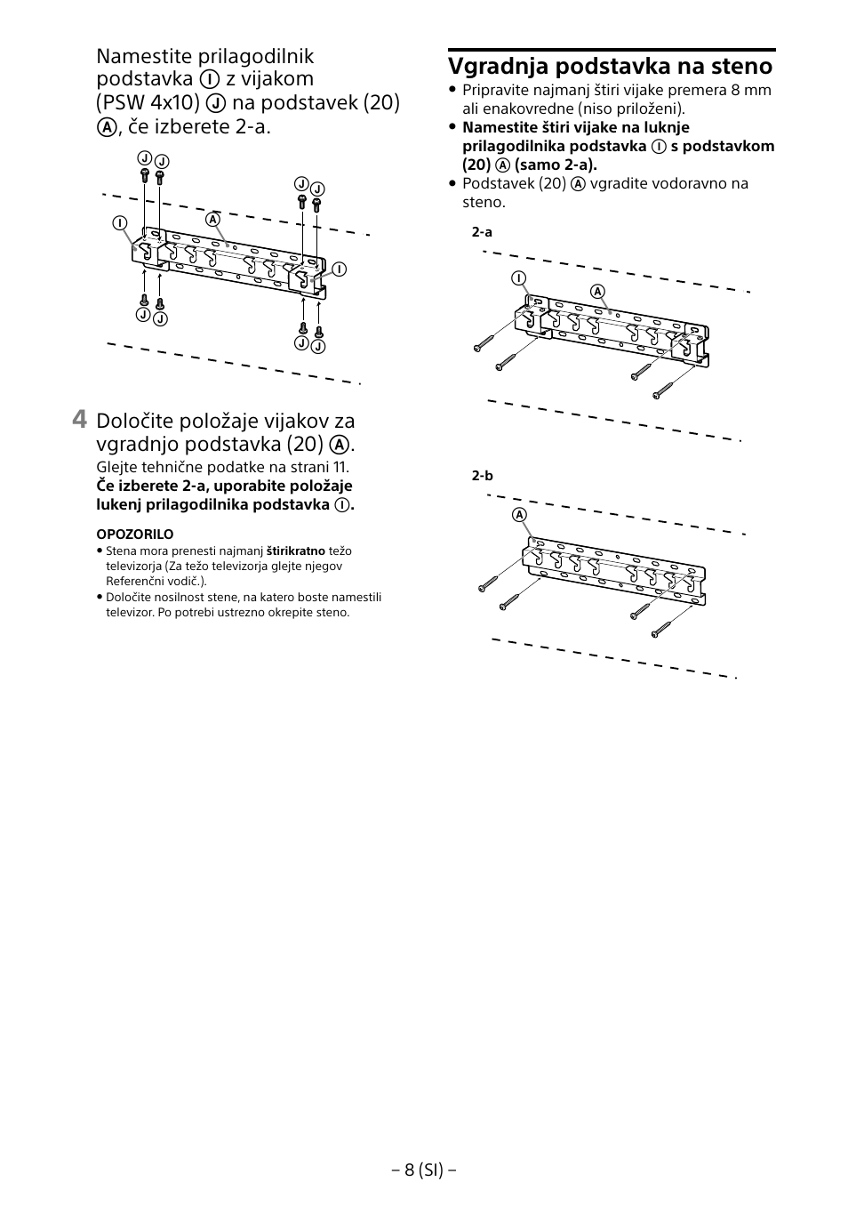 Vgradnja podstavka na steno | Sony KD-65X8505B User Manual | Page 249 / 292