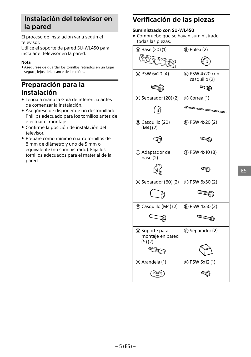 Instalación del televisor en la pared, Preparación para la instalación, Verificación de las piezas | Sony KD-65X8505B User Manual | Page 25 / 292