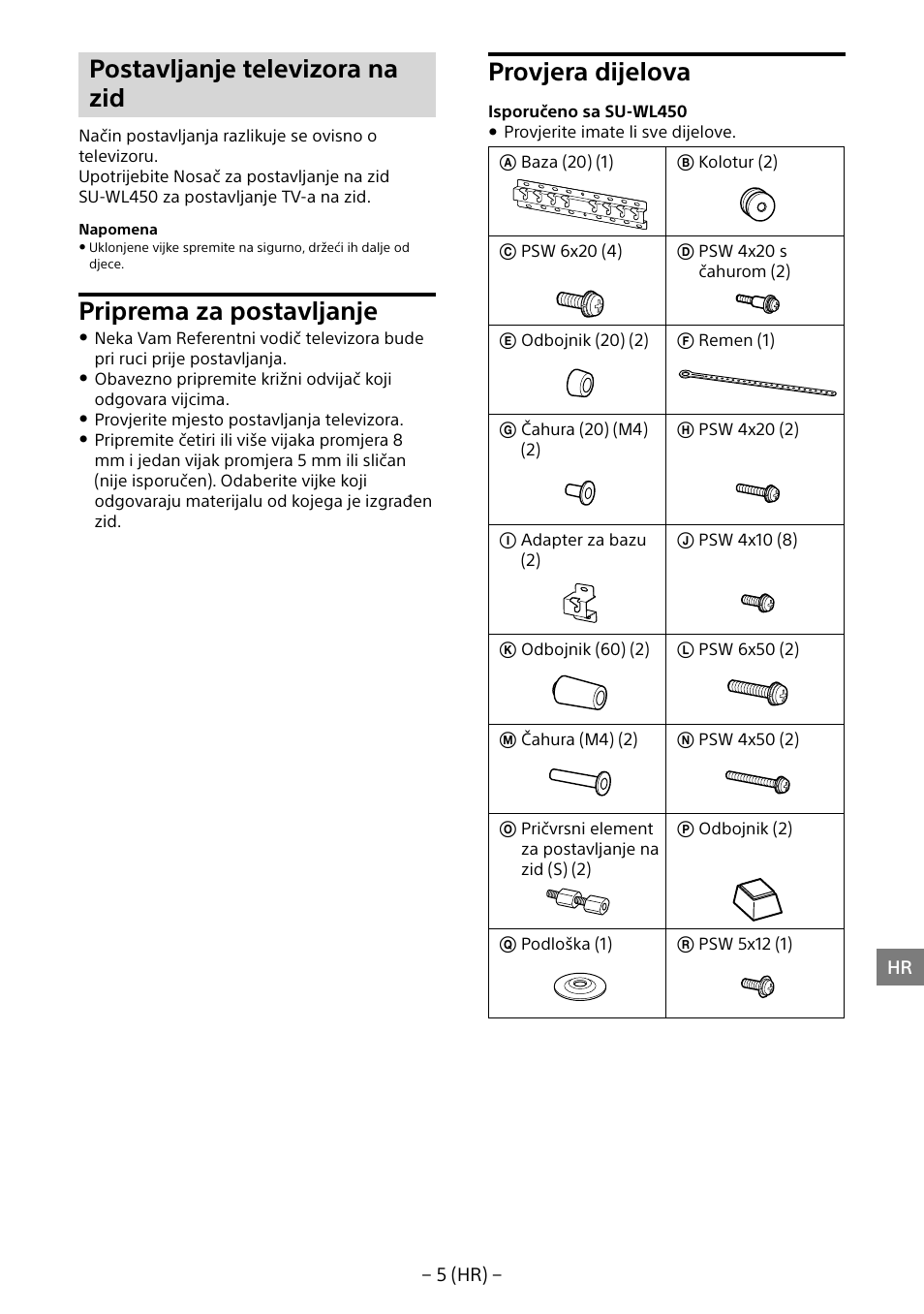 Postavljanje televizora na zid, Priprema za postavljanje, Provjera dijelova | Sony KD-65X8505B User Manual | Page 256 / 292
