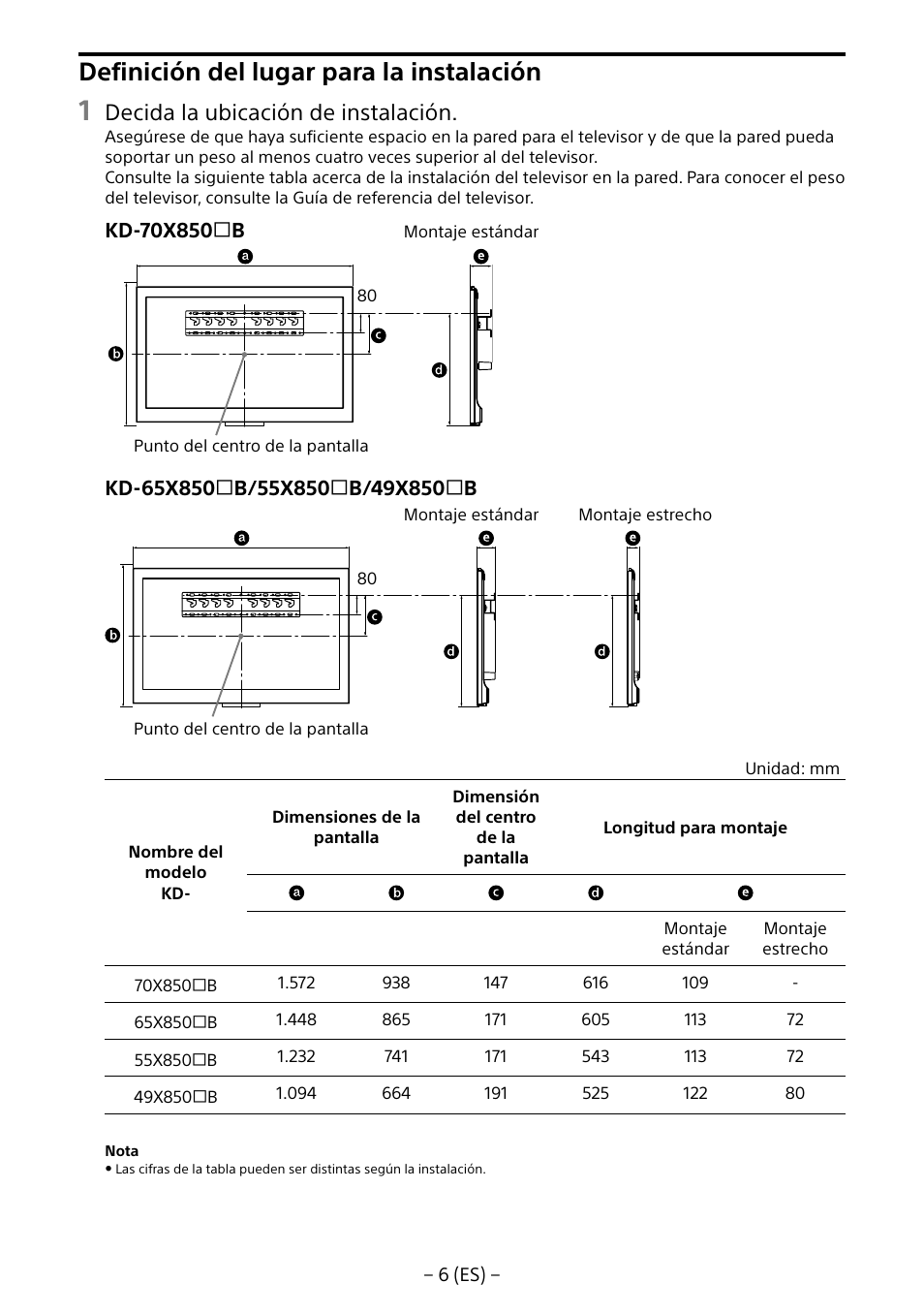 Definición del lugar para la instalación, Decida la ubicación de instalación | Sony KD-65X8505B User Manual | Page 26 / 292