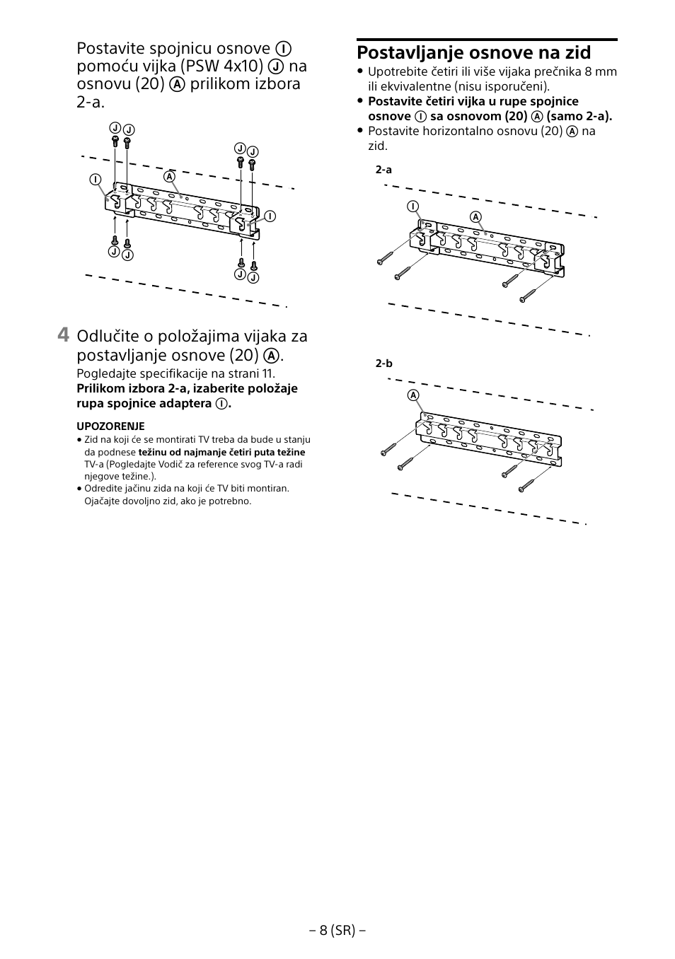 Postavljanje osnove na zid | Sony KD-65X8505B User Manual | Page 279 / 292