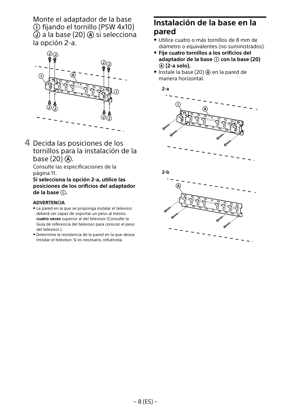 Instalación de la base en la pared | Sony KD-65X8505B User Manual | Page 28 / 292