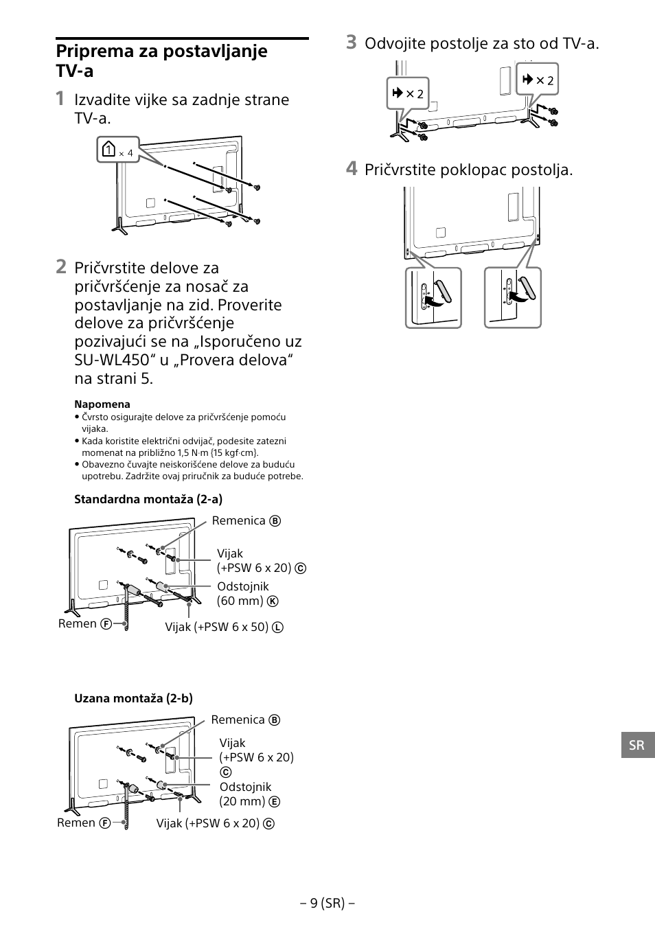 Priprema za postavljanje tv-a, Izvadite vijke sa zadnje strane tv-a, Odvojite postolje za sto od tv-a | Pričvrstite poklopac postolja | Sony KD-65X8505B User Manual | Page 280 / 292