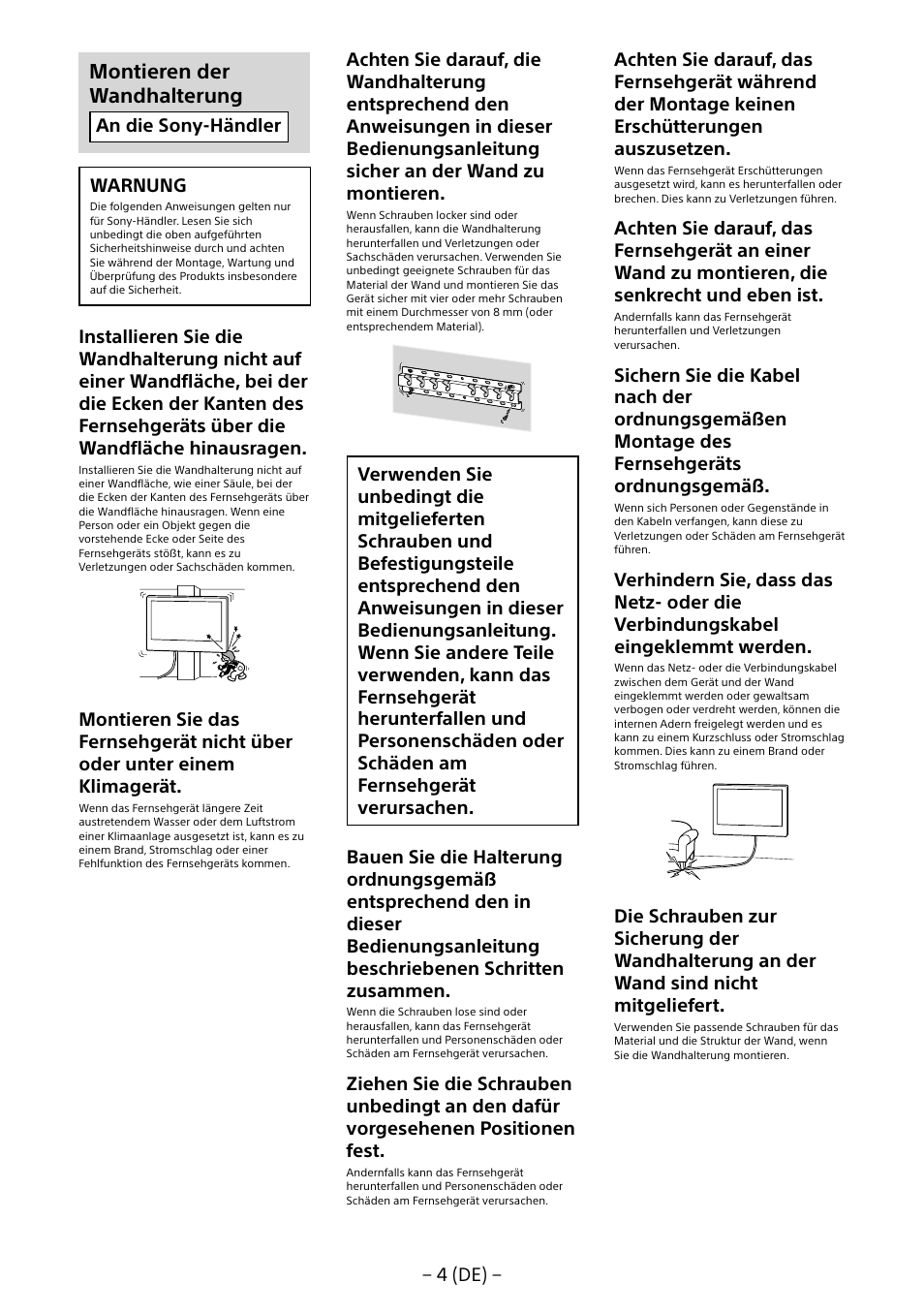 Montieren der wandhalterung | Sony KD-65X8505B User Manual | Page 34 / 292