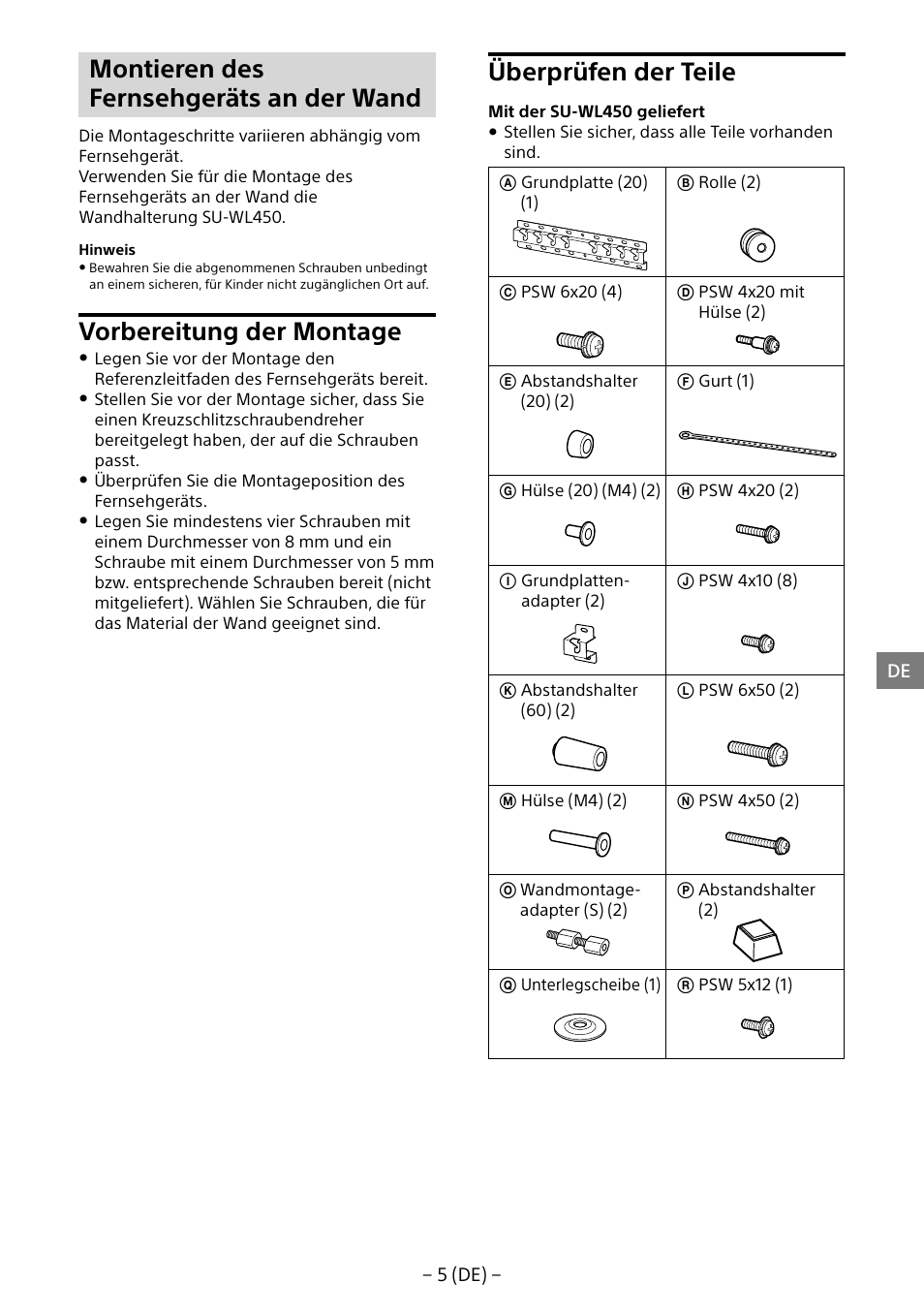 Montieren des fernsehgeräts an der wand, Vorbereitung der montage, Überprüfen der teile | Sony KD-65X8505B User Manual | Page 35 / 292