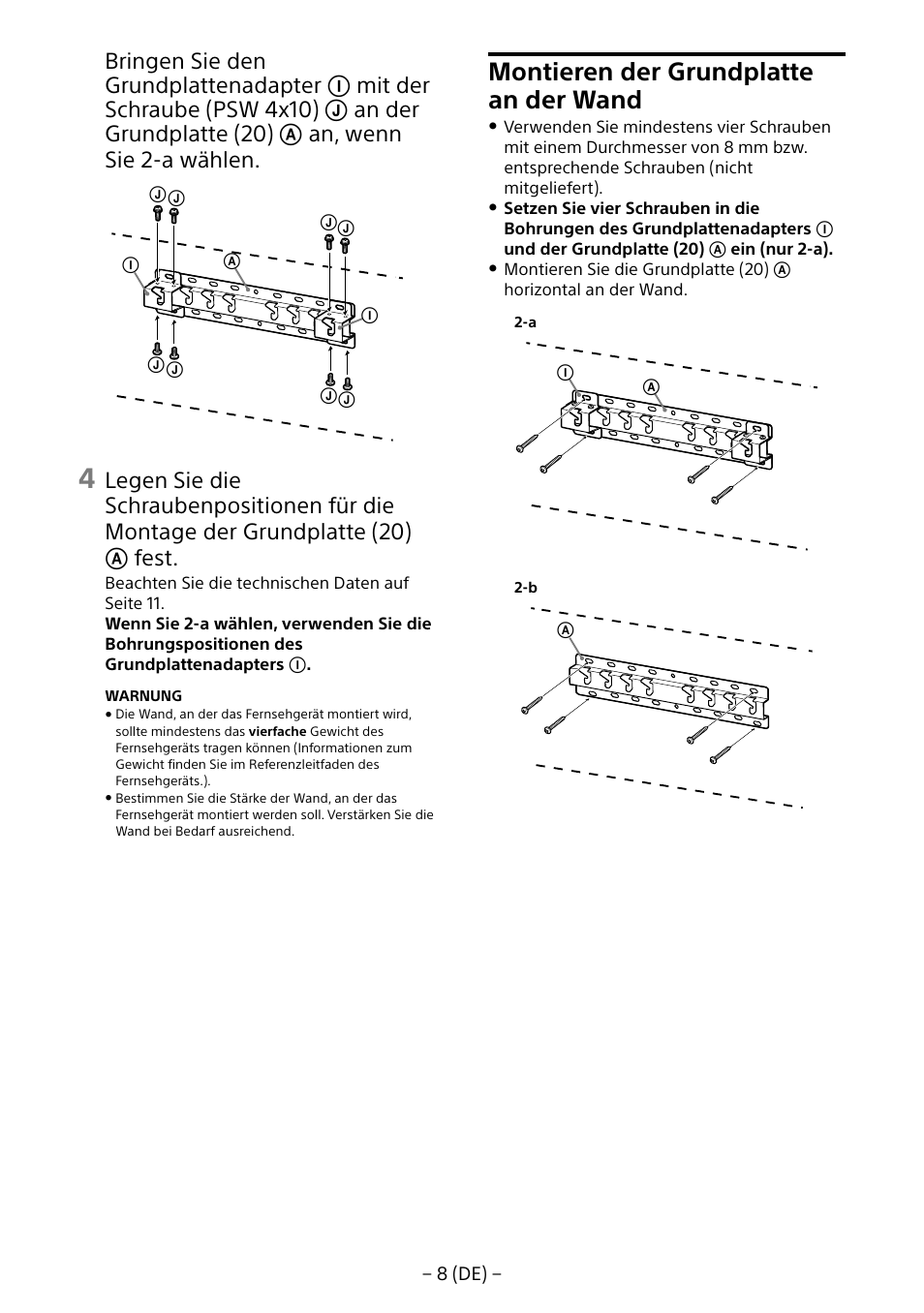 Montieren der grundplatte an der wand | Sony KD-65X8505B User Manual | Page 38 / 292
