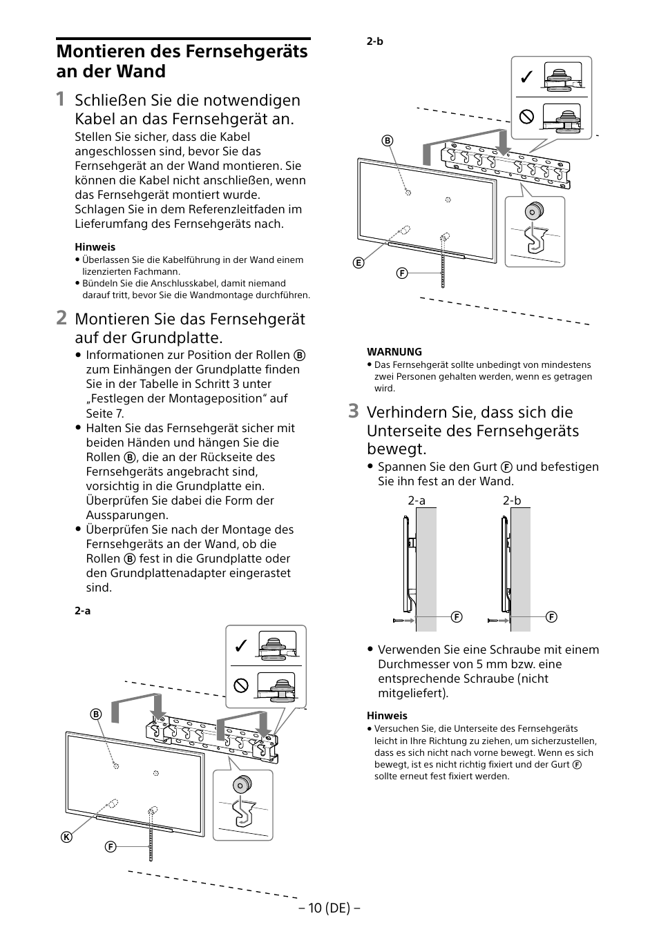 Montieren des fernsehgeräts an der wand, Montieren sie das fernsehgerät auf der grundplatte | Sony KD-65X8505B User Manual | Page 40 / 292