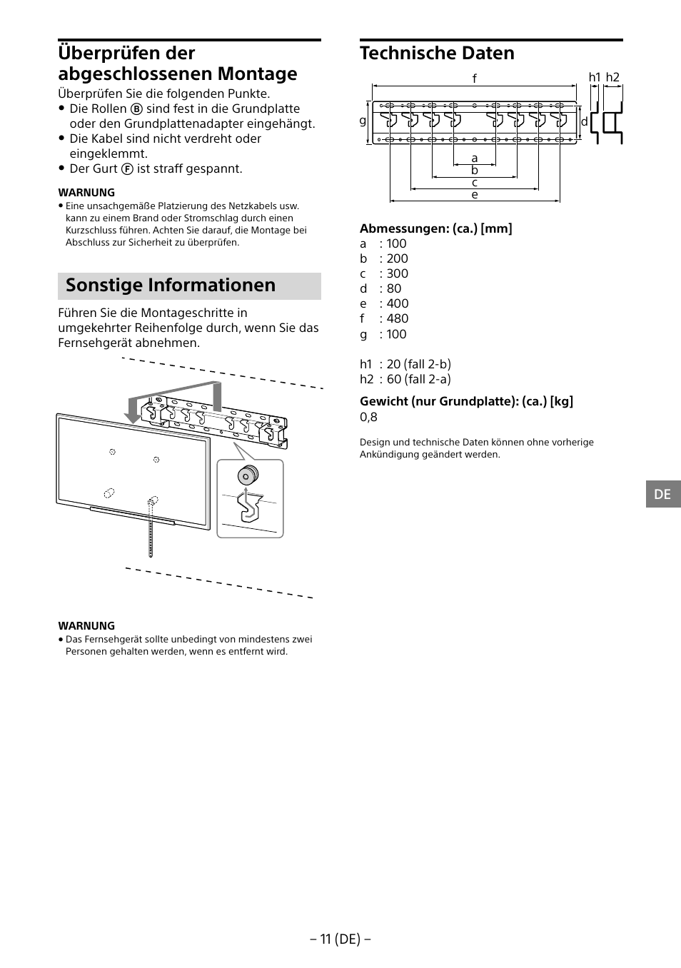 Überprüfen der abgeschlossenen montage, Sonstige informationen, Technische daten | Sony KD-65X8505B User Manual | Page 41 / 292