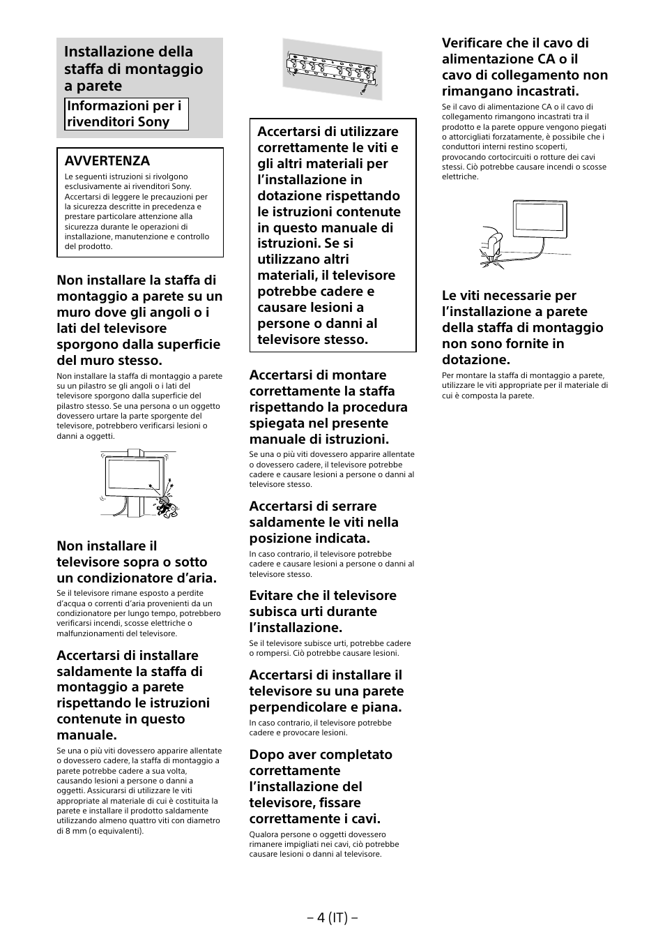 Installazione della staffa di montaggio a parete | Sony KD-65X8505B User Manual | Page 54 / 292