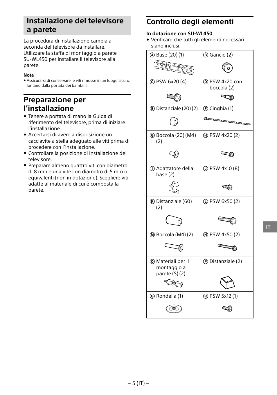Installazione del televisore a parete, Preparazione per l’installazione, Controllo degli elementi | Sony KD-65X8505B User Manual | Page 55 / 292
