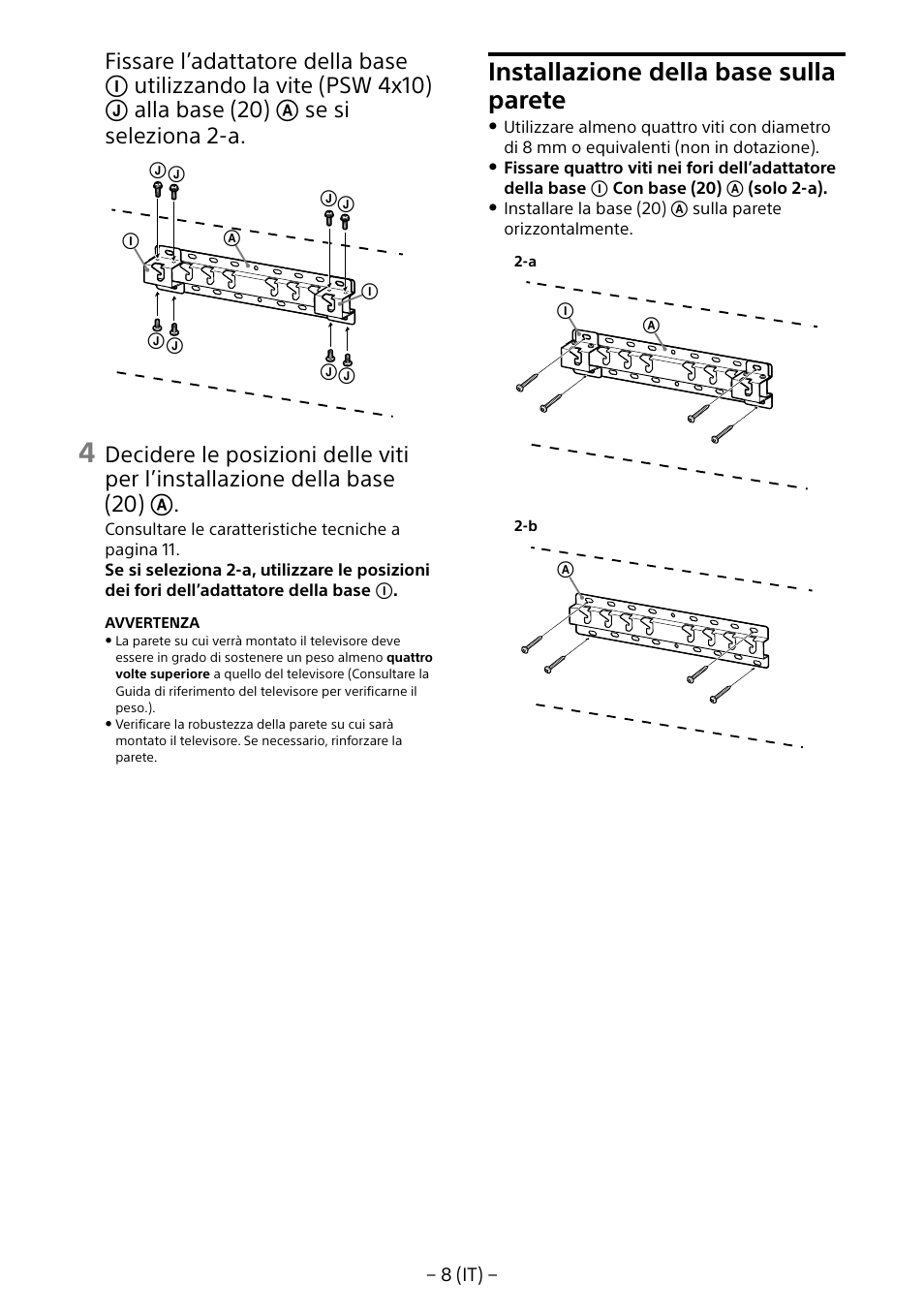 Installazione della base sulla parete | Sony KD-65X8505B User Manual | Page 58 / 292