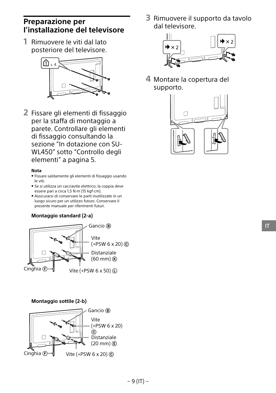 Preparazione per l’installazione del televisore, Rimuovere il supporto da tavolo dal televisore, Montare la copertura del supporto | Sony KD-65X8505B User Manual | Page 59 / 292
