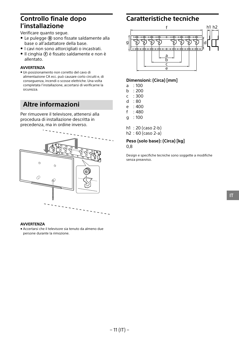 Controllo finale dopo l’installazione, Altre informazioni, Caratteristiche tecniche | Sony KD-65X8505B User Manual | Page 61 / 292