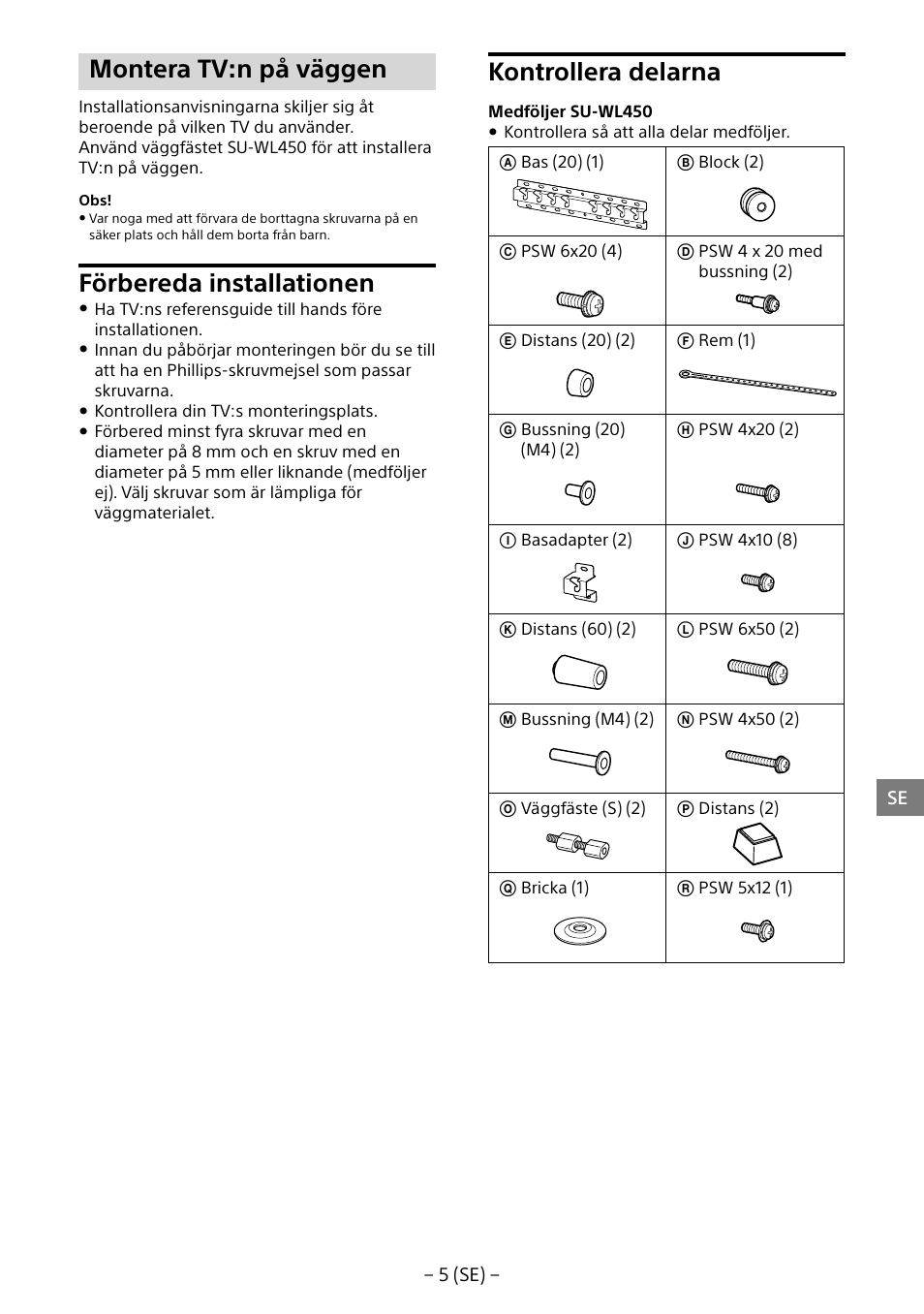 Montera tv:n på väggen, Förbereda installationen, Kontrollera delarna | Sony KD-65X8505B User Manual | Page 65 / 292