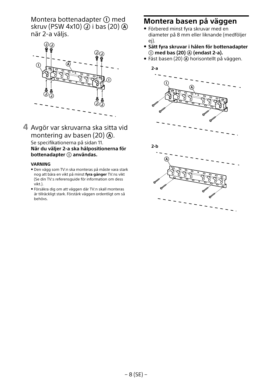 Montera basen på väggen | Sony KD-65X8505B User Manual | Page 68 / 292