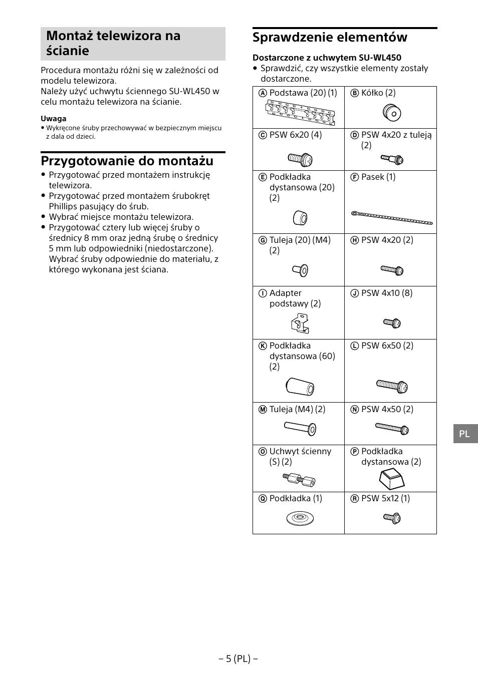 Montaż telewizora na ścianie, Przygotowanie do montażu, Sprawdzenie elementów | Sony KD-65X8505B User Manual | Page 75 / 292