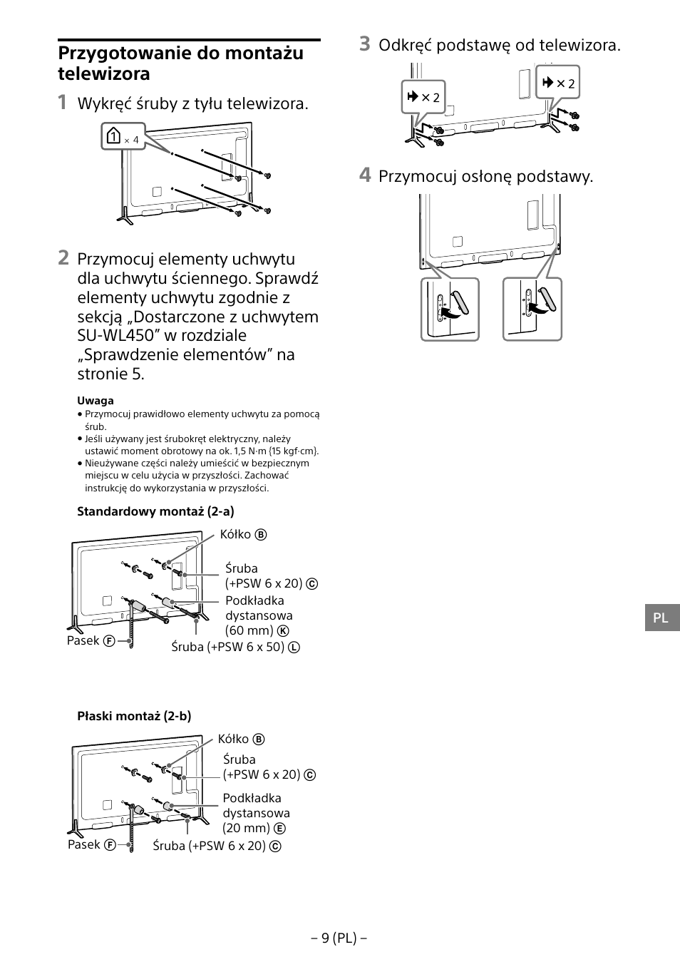 Przygotowanie do montażu telewizora, Wykręć śruby z tyłu telewizora, Odkręć podstawę od telewizora | Przymocuj osłonę podstawy | Sony KD-65X8505B User Manual | Page 79 / 292