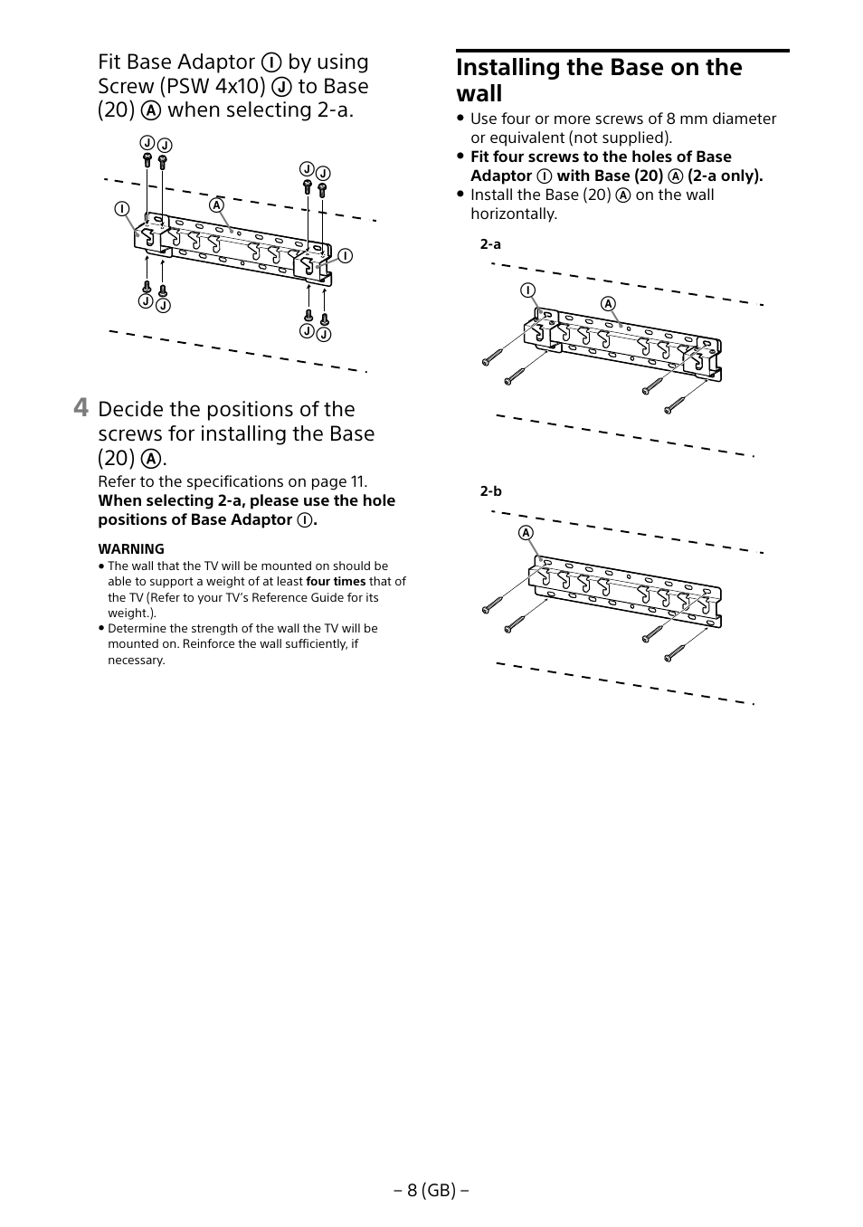 Installing the base on the wall | Sony KD-65X8505B User Manual | Page 8 / 292