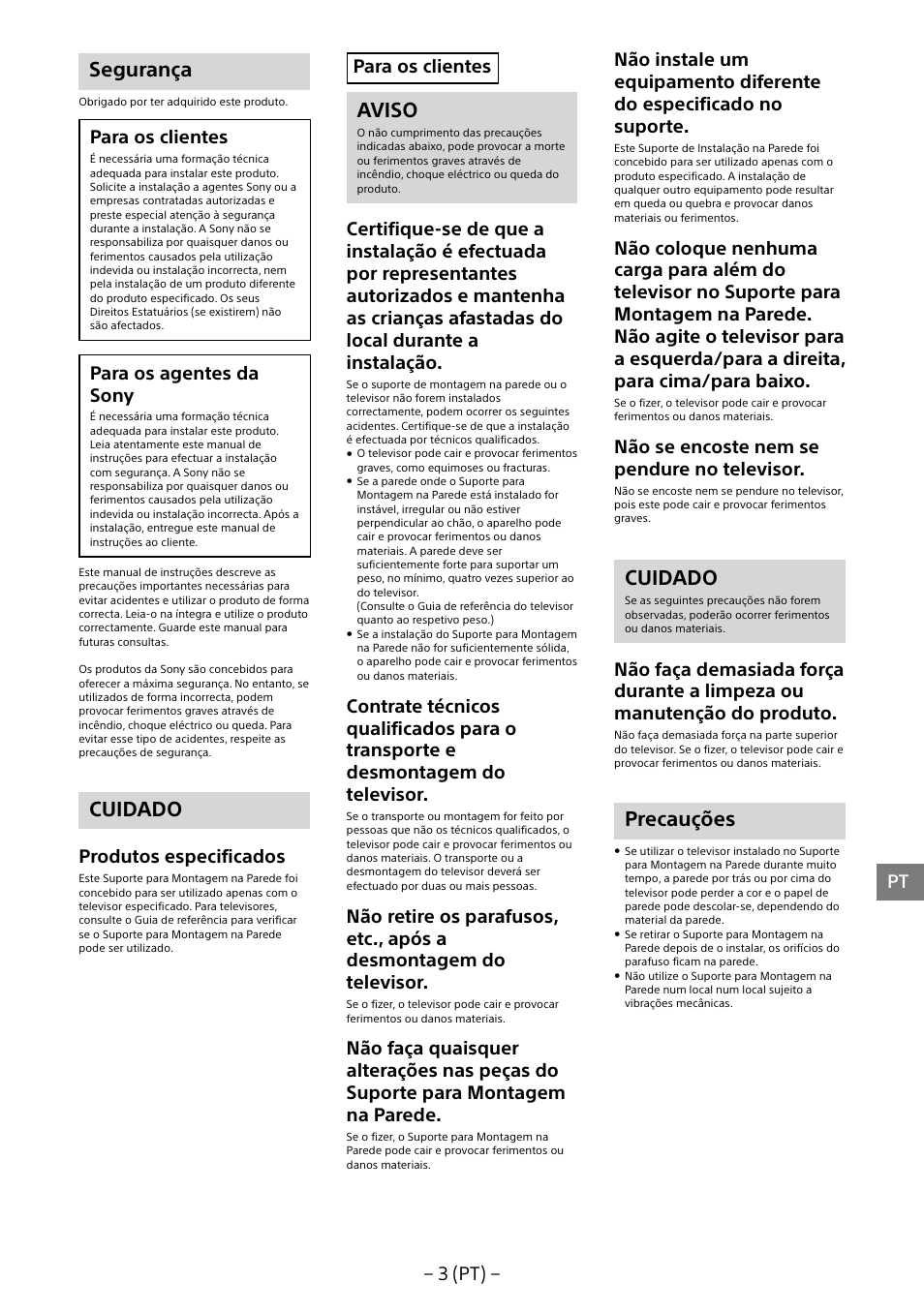 Segurança, Cuidado, Aviso | Precauções, 3 (pt), Para os clientes, Para os agentes da sony, Produtos especificados, Não se encoste nem se pendure no televisor | Sony KD-65X8505B User Manual | Page 83 / 292