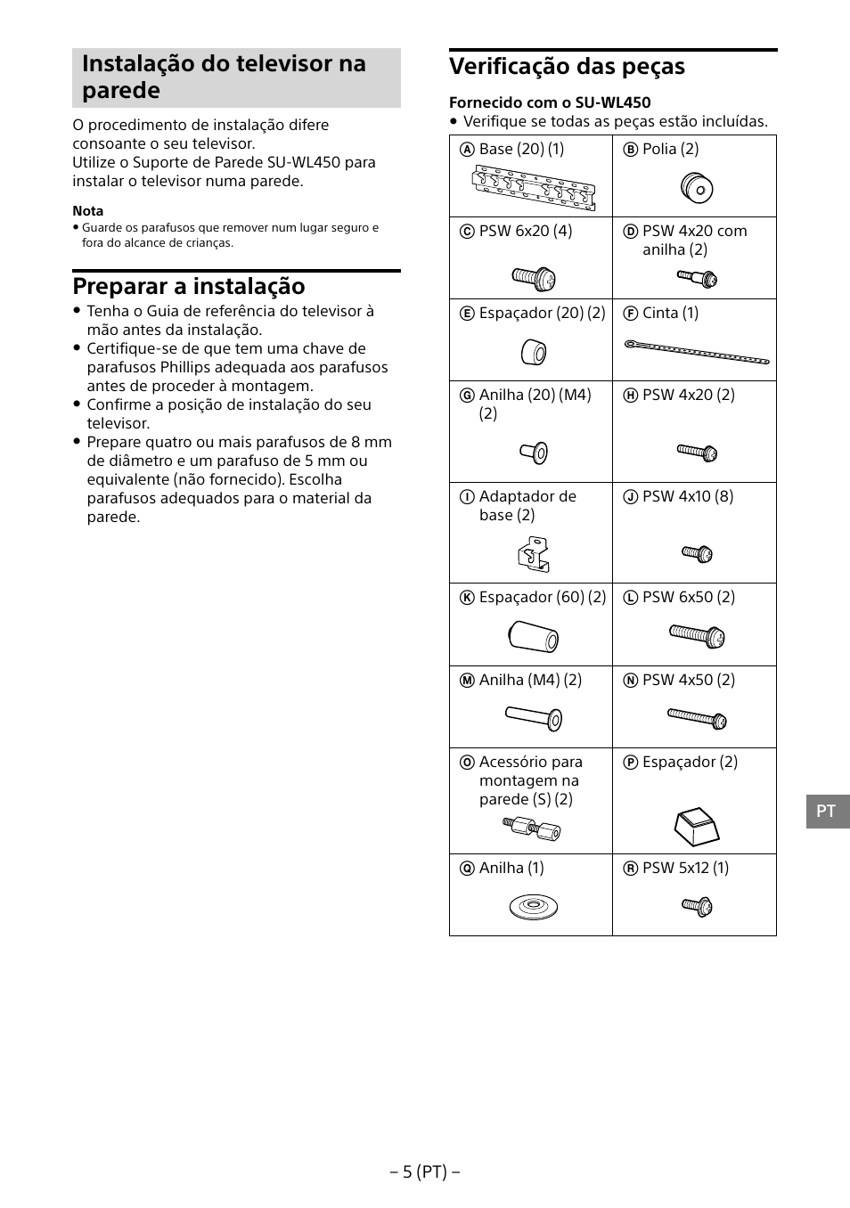 Instalação do televisor na parede, Preparar a instalação, Verificação das peças | Sony KD-65X8505B User Manual | Page 85 / 292