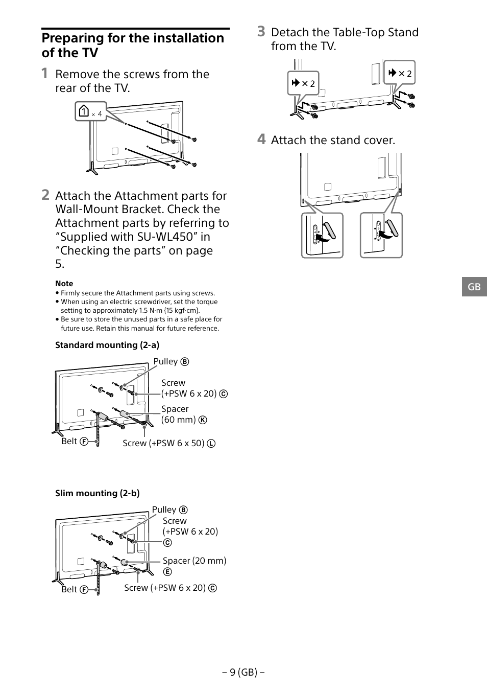 Preparing for the installation of the tv, Remove the screws from the rear of the tv, Detach the table-top stand from the tv | Attach the stand cover | Sony KD-65X8505B User Manual | Page 9 / 292