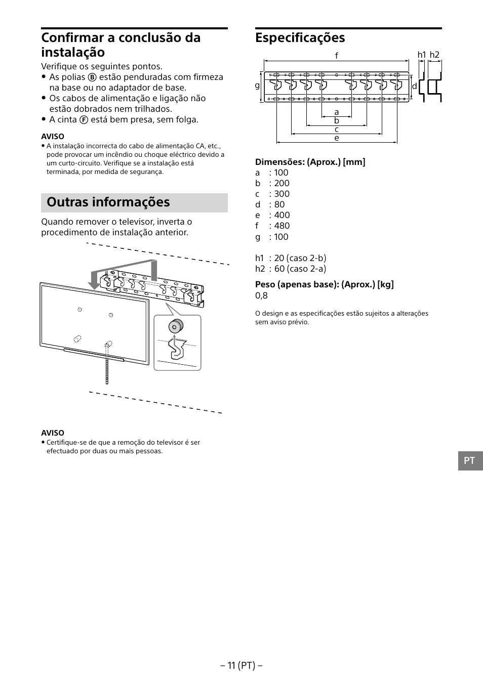 Confirmar a conclusão da instalação, Outras informações, Especificações | Sony KD-65X8505B User Manual | Page 91 / 292