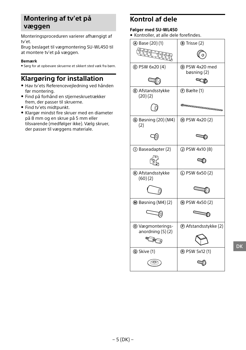 Montering af tv'et på væggen, Klargøring for installation, Kontrol af dele | Sony KD-65X8505B User Manual | Page 95 / 292