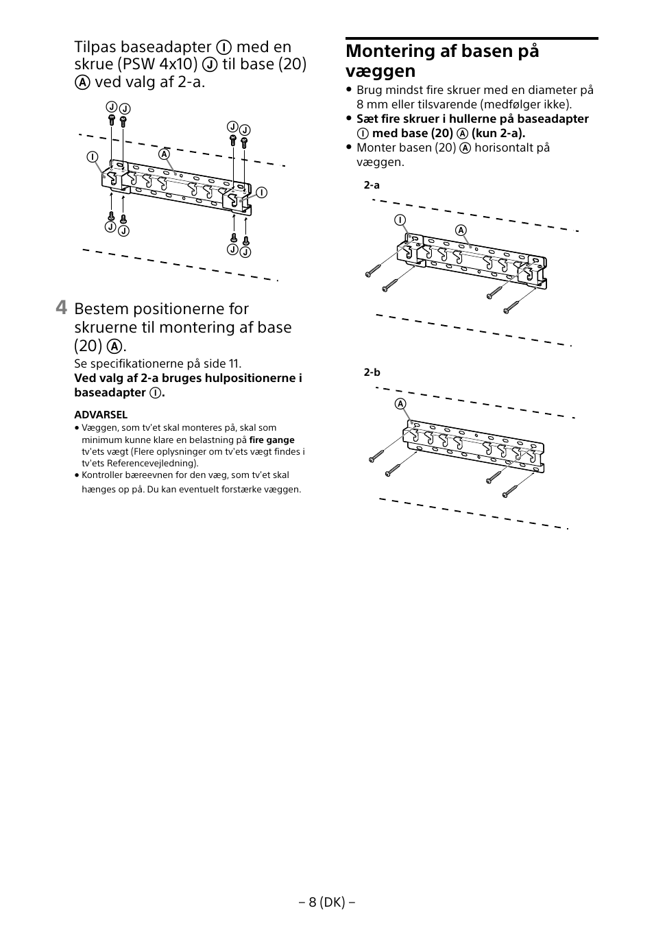 Montering af basen på væggen | Sony KD-65X8505B User Manual | Page 98 / 292