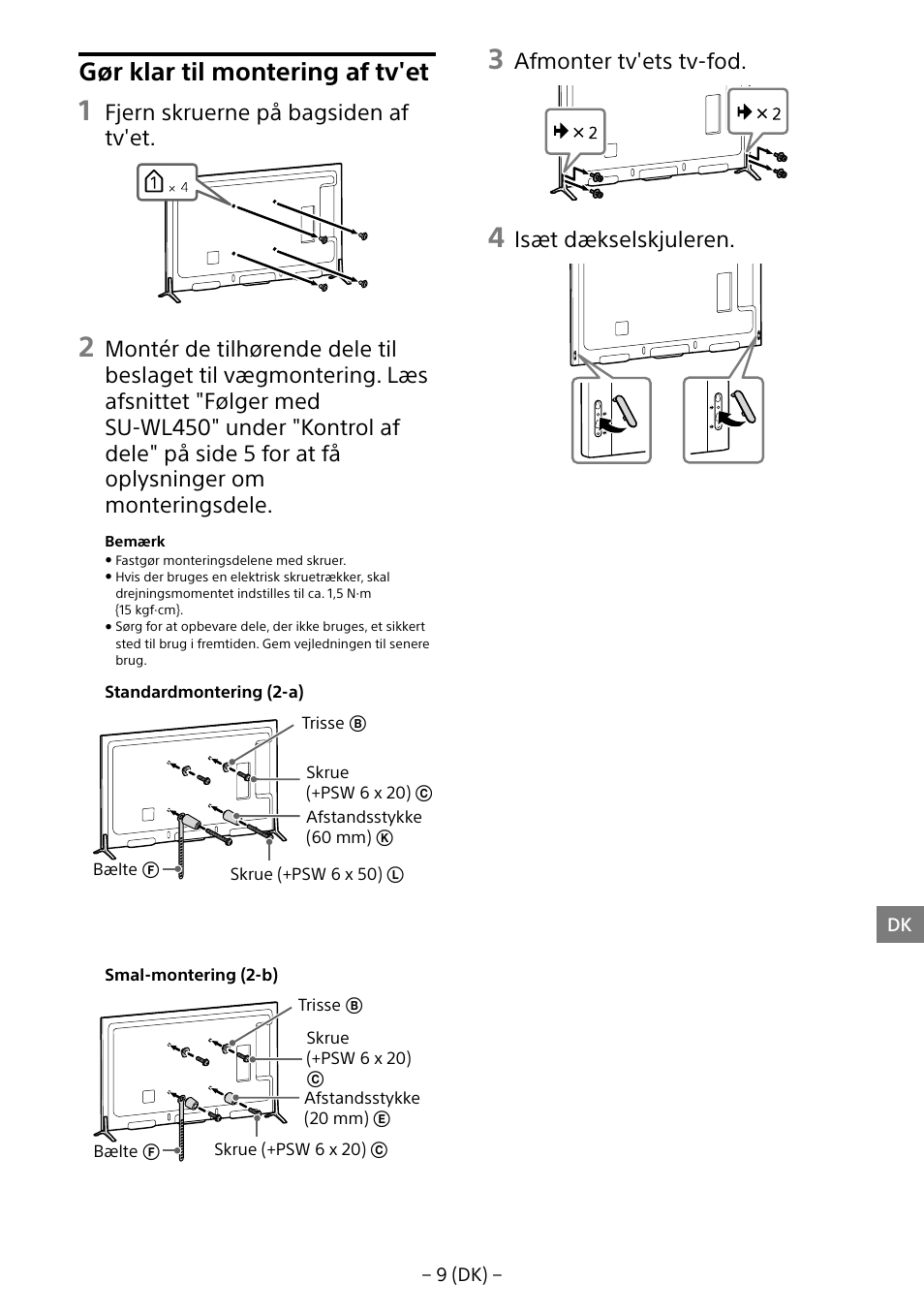Gør klar til montering af tv'et, Fjern skruerne på bagsiden af tv'et, Afmonter tv'ets tv-fod | Isæt dækselskjuleren | Sony KD-65X8505B User Manual | Page 99 / 292