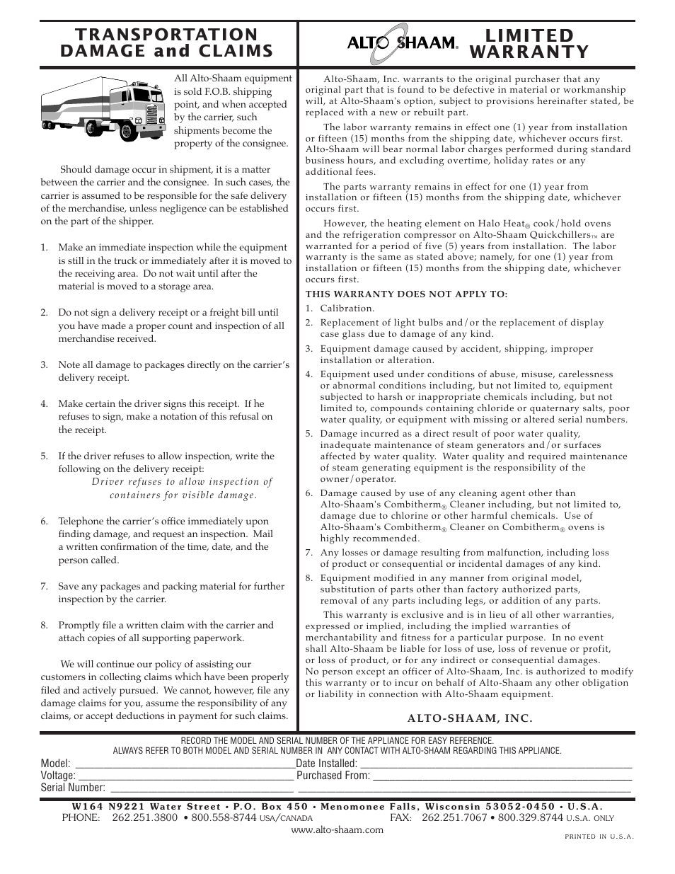 Limited warranty, Transportation damage and claims | Alto-Shaam CC-48 User Manual | Page 16 / 16