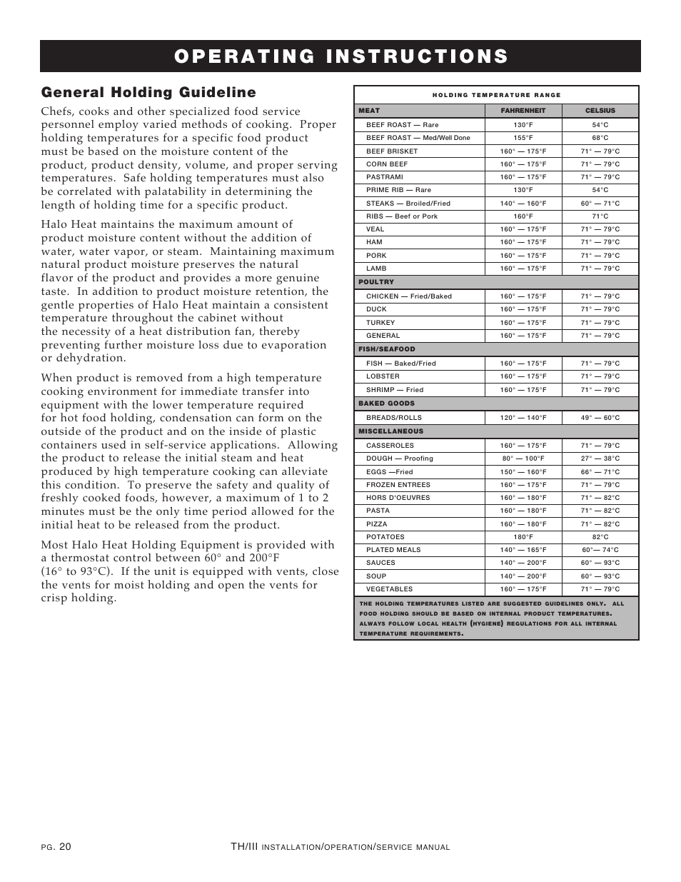 General holding guideline, 20 th/iii | Alto-Shaam ECO SMART 1200-TH/III User Manual | Page 22 / 41